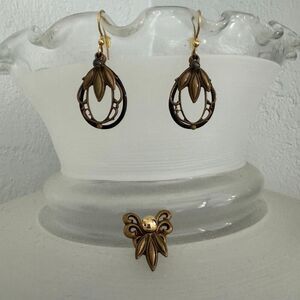Silver Forest 18K Gold Coated Ornate Art Deco Teardrop Dangle Earrings & Pin Set